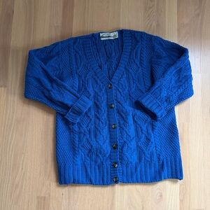 Aran Crafts Merino Wool Chunky Cable Knit Cardigan Sweater Women's L Blue